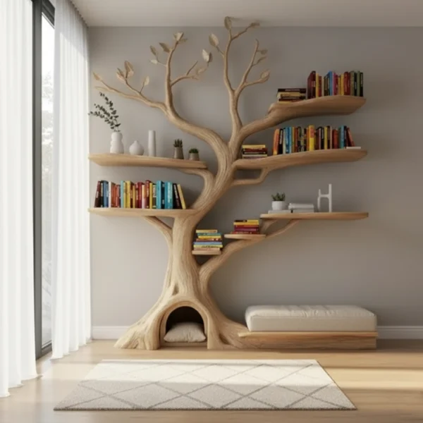 Handcrafted Tree Bookshelf with Cat House