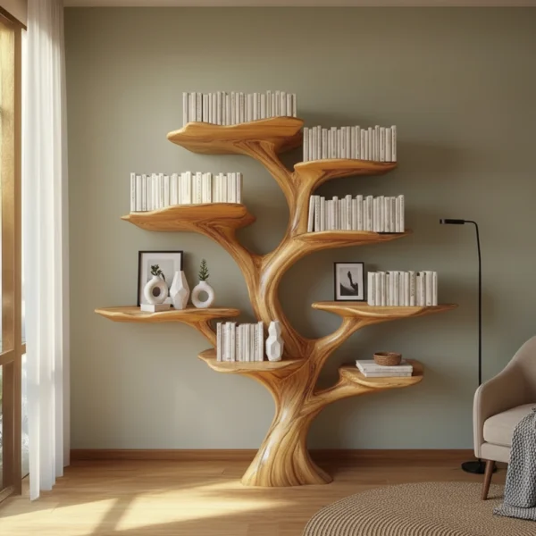 Handcrafted Tree Branch Bookshelf - Solid Wood Wall-Mounted Art Shelf Handmade Furniture