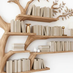 Handcrafted Tree Branch Bookshelf – Solid Wood Wall-Mounted Display2