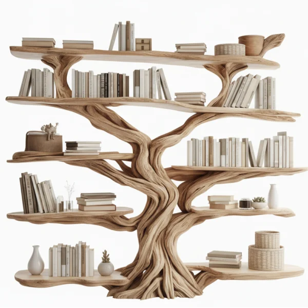 Live Edge Rustic Tree Bookshelf - Handcrafted Solid Wood Statement Piece