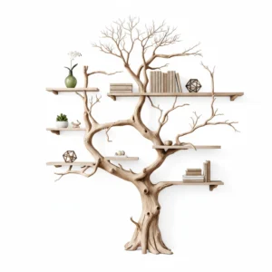Minimalist Tree-Shaped Corner Bookshelf - Handcrafted Oak Wood Sculpture Shelf