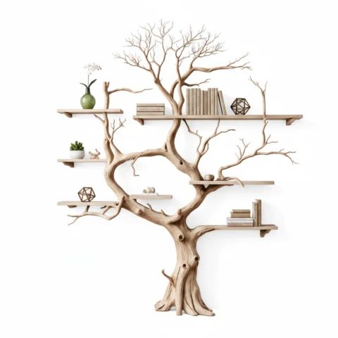 Minimalist Tree-Shaped Corner Bookshelf - Handcrafted Oak Wood Sculpture Shelf