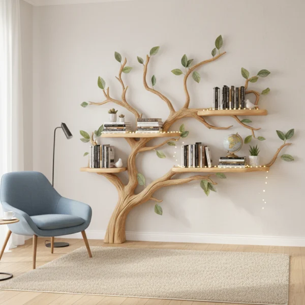 Tree Bookshelf - Handcrafted Wooden Wall Shelf with Natural Branch Design