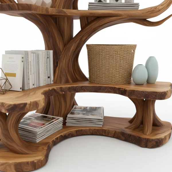 Tree Branch Bookshelf with L-Shaped Bench - Handcrafted Solid Wood Storage & Seating Combo