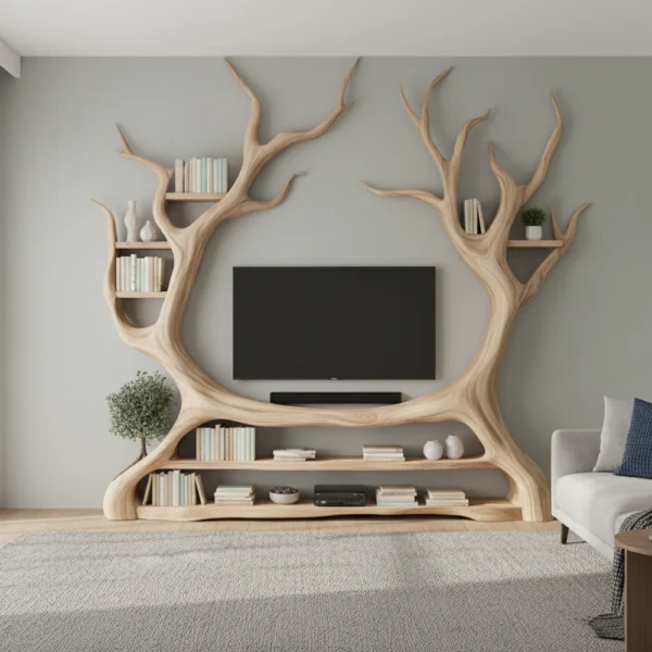 Tree-Shaped TV Stand & Bookshelf Unit - Handcrafted Solid Wood Wall Display