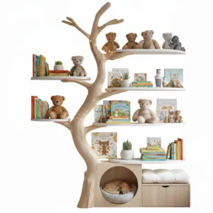Wood Tree Tower - Handcrafted Tree Bookshelf with Built-In Cat House